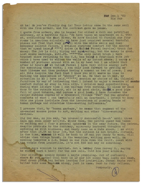 Hunter S. Thompson Letter Signed With Autograph Note From 1960 in Bug Sur -- ''...I presume that, by 'human garbage,' he means that segment of the un-washed masses prone to art, writing...''